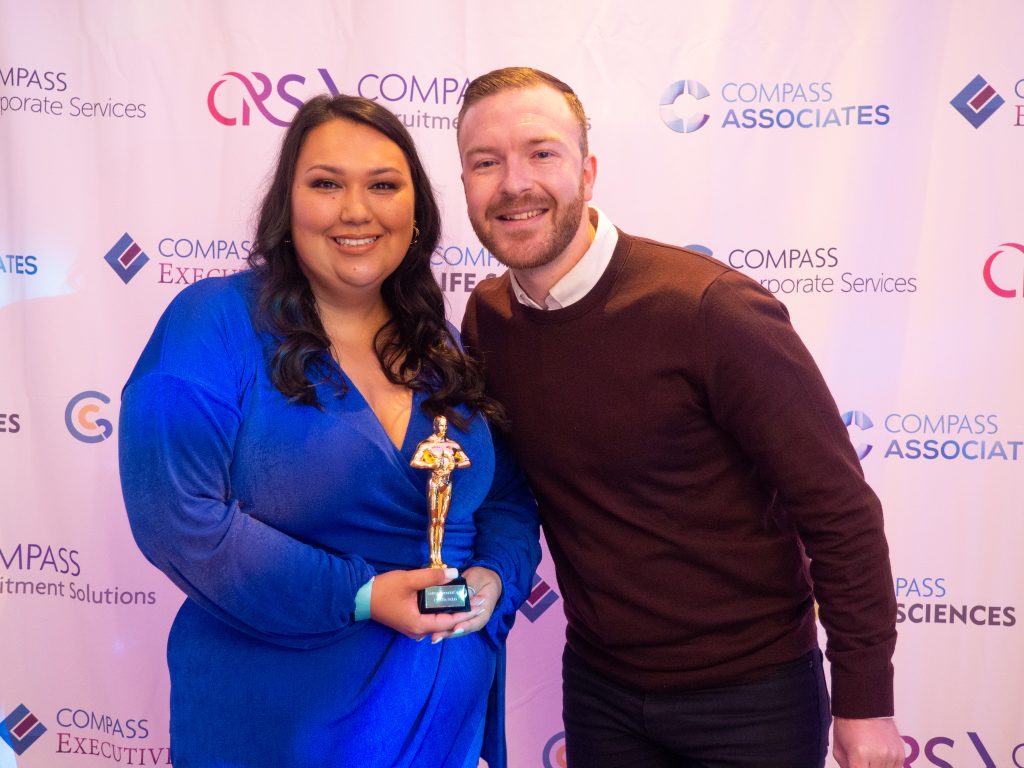 Compass Associates - Compass Core Values Awards 2022 - Lynette Robb being presented her award win by Director Adam Brenton