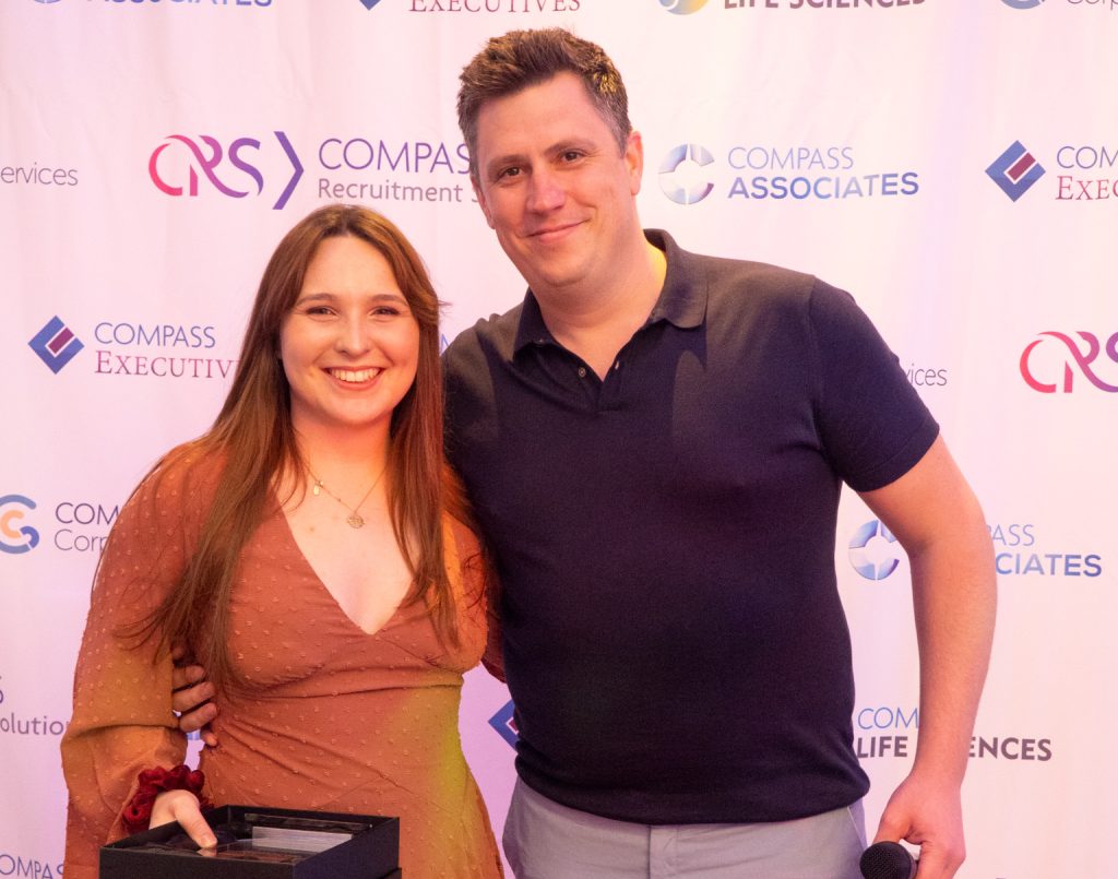 Compass Associates - Compass Core Values Awards 2022 - Louise Holmes being presented her award win by Group Managing Director Sam Leighton-Smith