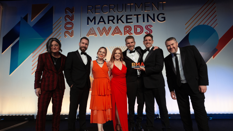 Compass Associates - RMA Recruitment Marketing Awards 2022 winners - The CRS marketing team posing with the award along with special guest Zoe Lyons