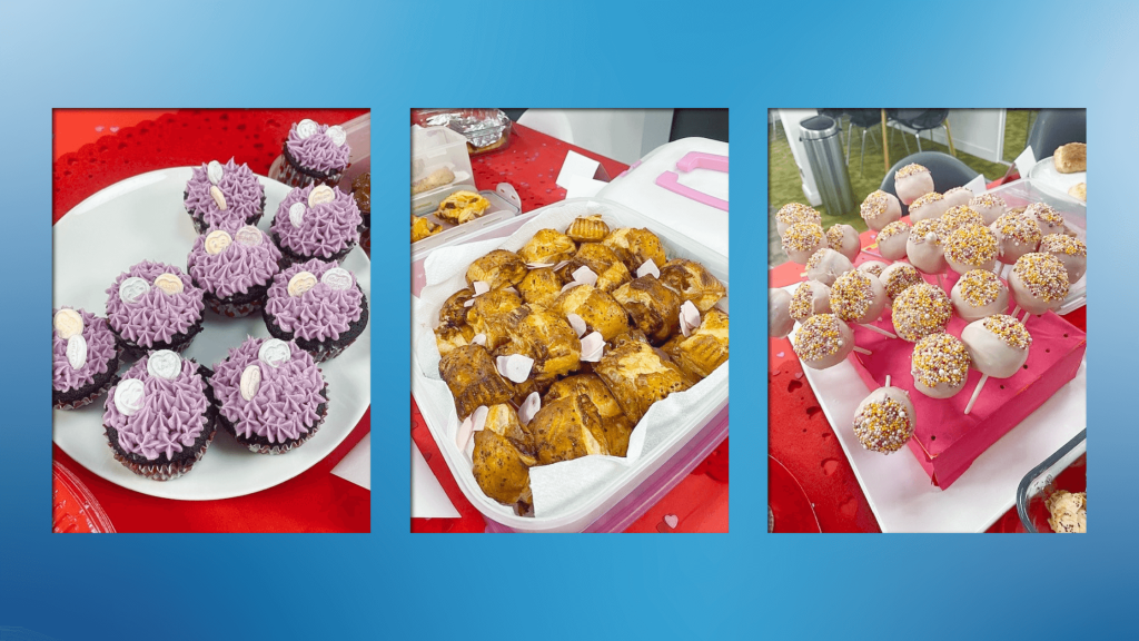 Compass Associates - Valentines themed bake sale - CA branded background with three photos showing a selection of cakes and baked goods from the Valentines themed bake sale